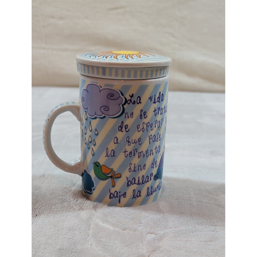 Sigris Spanish Quote Tea Infuser Mug with Lid Ceramic Strainer Sun Rainbow Blue - Picture 4 of 11